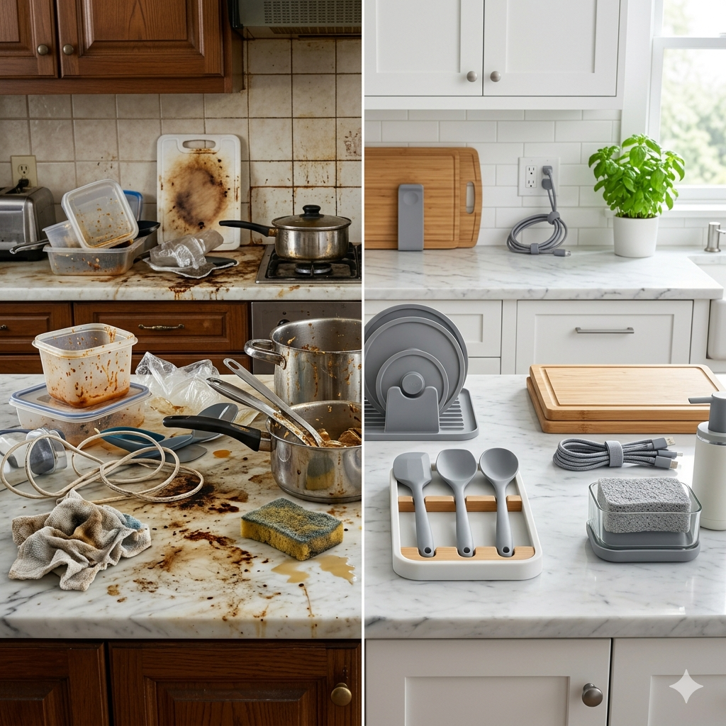 A high-resolution 1:1 square ratio split-screen photo comparing a messy, stained kitchen counter on the left with a perfectly clean, organized kitchen setup using modern silicone gadgets and organizers on the right.
