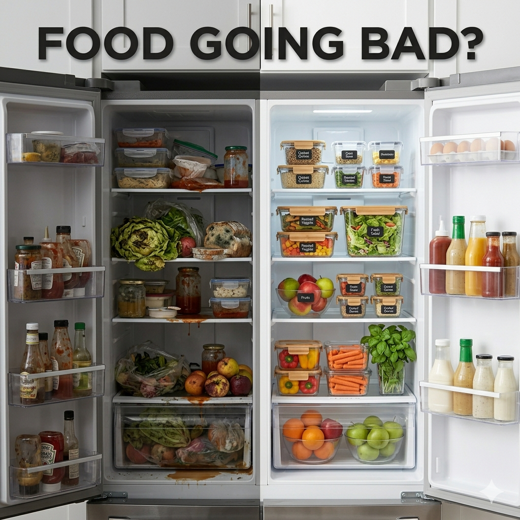 Before and after fridge scene showing spoiled and messy food transformed into fresh and organized ingredients using airtight containers and smart storage solutions  🎯 Prompt