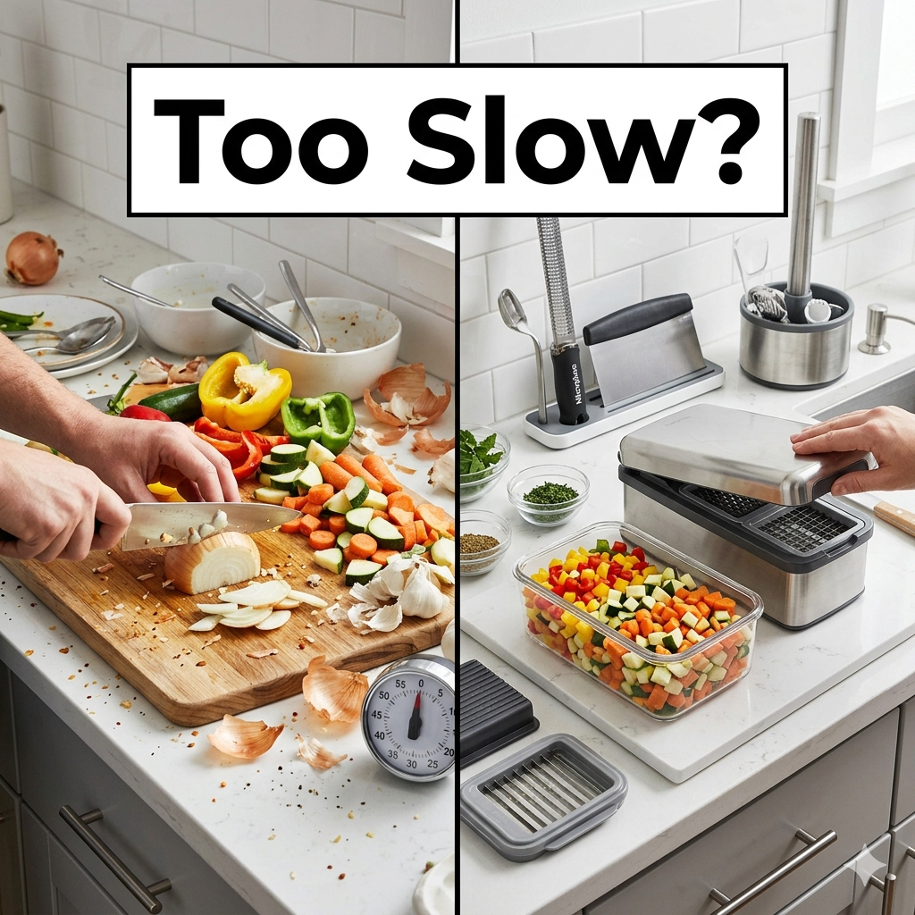 Before and after cooking preparation scene showing slow manual chopping and prep work transformed into fast and efficient food preparation using time-saving kitchen tools