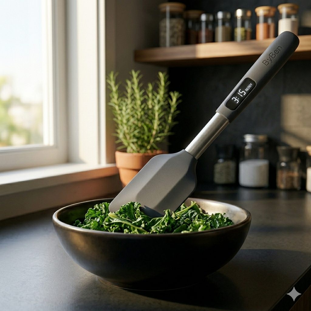 Close-up of a charcoal grey ByBen professional-grade spatula with an integrated LED display showing '3:15 READY' actively mixing greens in a dark ceramic bowl, designed as a 1:1 clickable blog thumbnail.