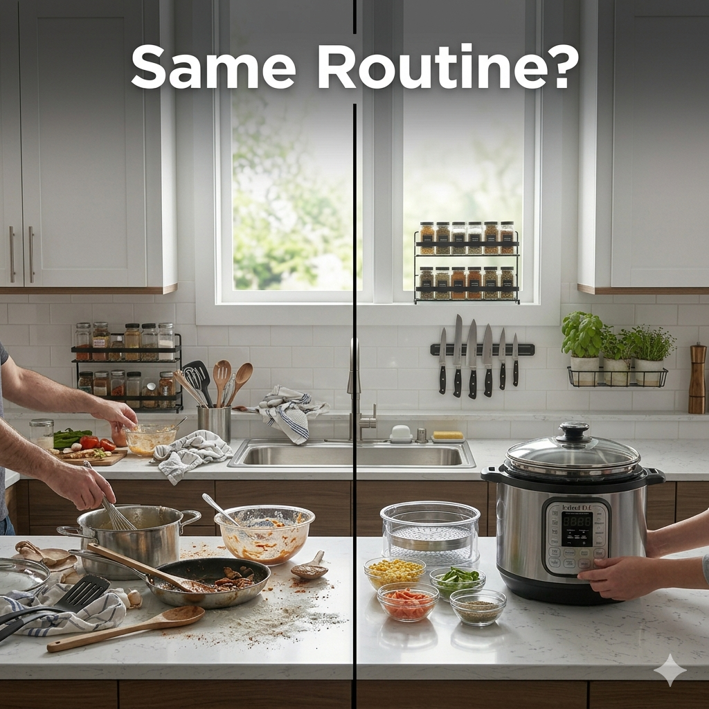 Before and after daily cooking routine scene showing repetitive and messy kitchen workflow transformed into a simple and efficient cooking setup using smart kitchen tools
