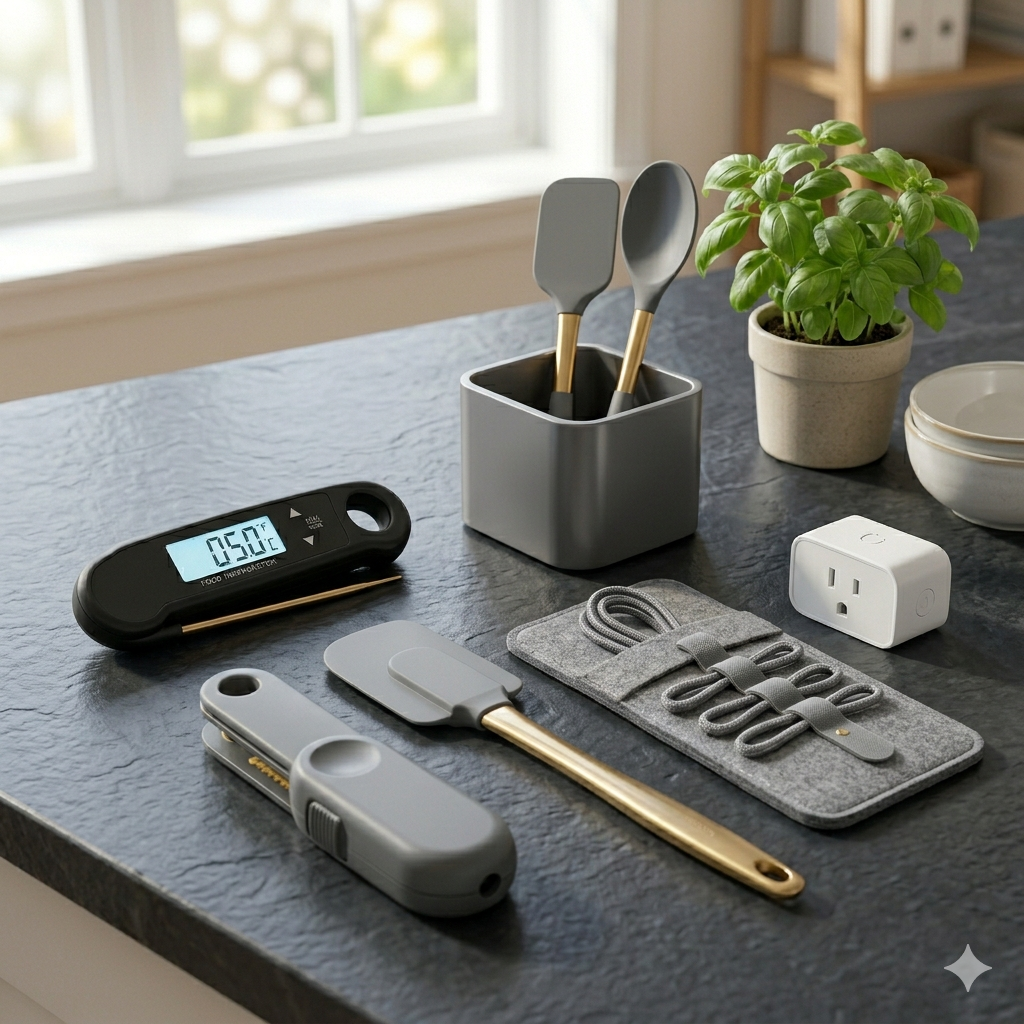 Premium matte black digital thermometer with gold accent and gray silicone spatula on a textured slate surface.