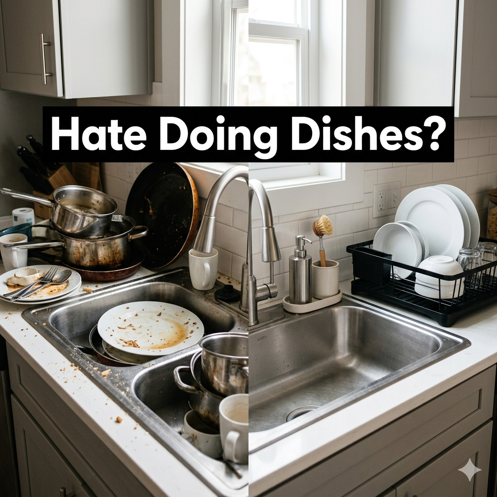 Before and after kitchen sink cleaning scene showing a pile of dirty dishes and messy sink transformed into a clean and organized dishwashing area using smart kitchen cleaning tools