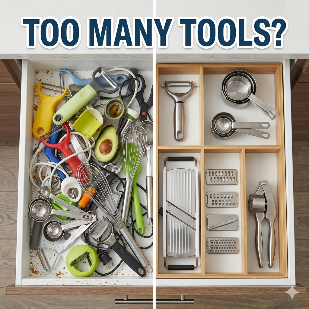 Before and after kitchen drawer scene showing cluttered tools and utensils transformed into a clean and minimal setup using multi-use kitchen gadgets
