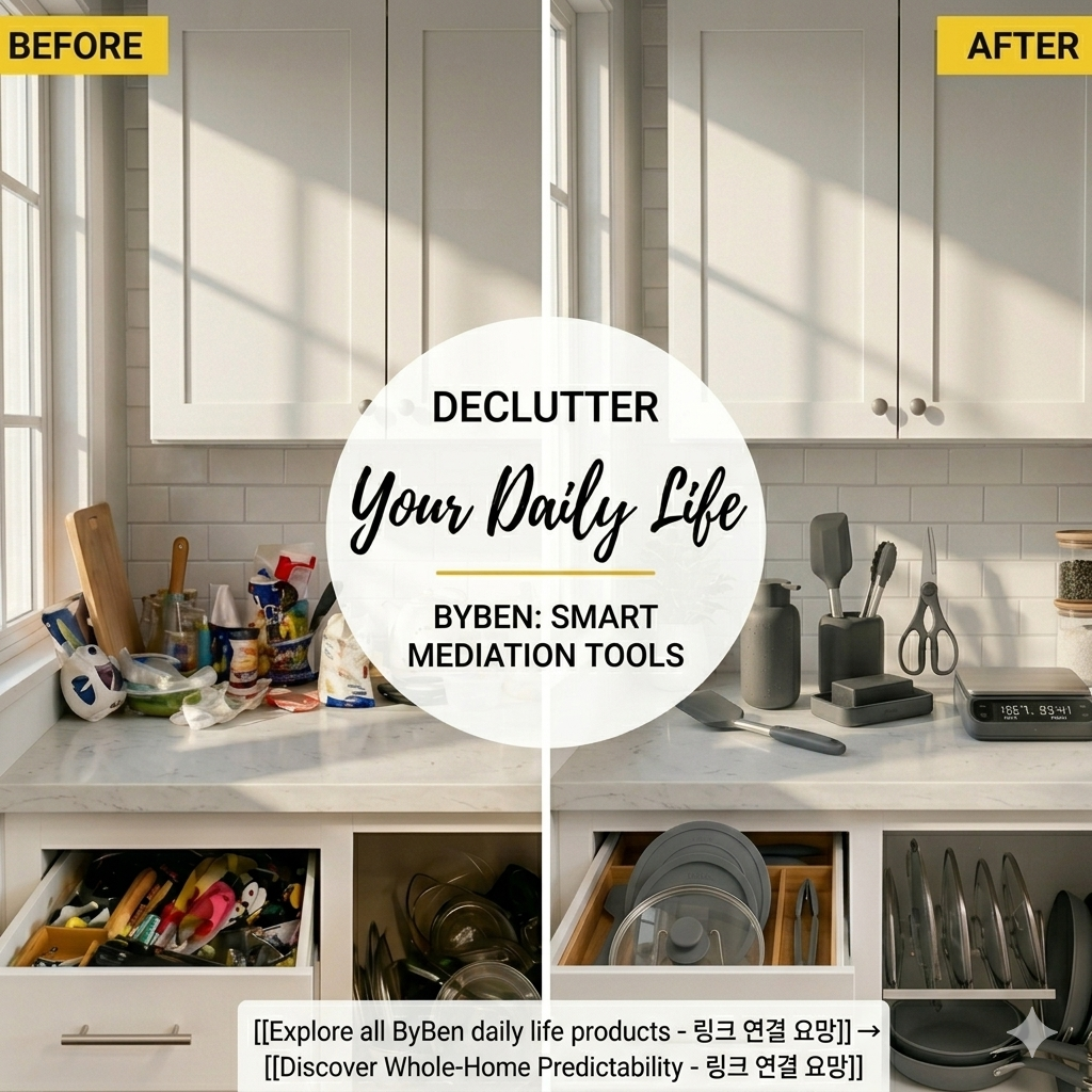 Side-by-side comparison of a cluttered 'BEFORE' home vanity versus an organized 'AFTER' sanctuary featuring curated ByBen daily tools, including soap dispenser, toothbrush holder, and tray, illustrating smart spatial mediation.