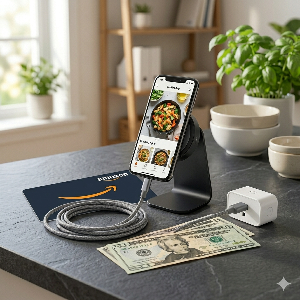 Amazon gift card and US $25 next to a modern kitchen phone mount and coiled charging cable on slate.