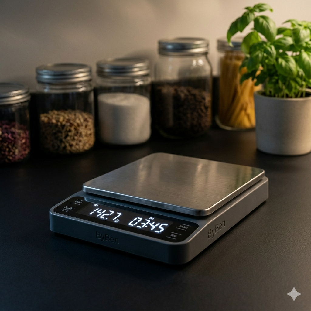 A close-up photograph of a minimalist ByBen digital kitchen scale and timer with a glowing LED screen on a dark counter, designed as a clickable blog thumbnail.