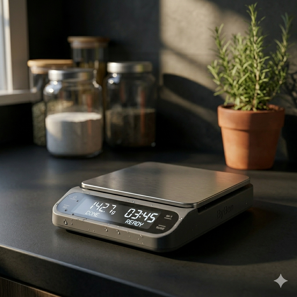 Close-up of a minimalist ByBen digital kitchen scale and timer with a glowing white LED screen showing weight and time, modern kitchen gadget.