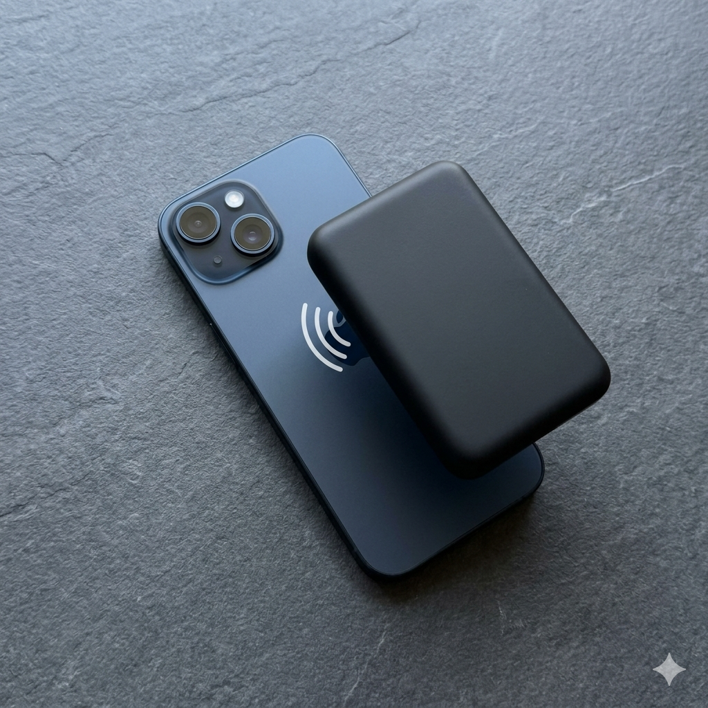 Midnight blue iPhone 15 snapping onto a matte black MagSafe power bank on a slate desk, with synchronized magnetic connection animation.