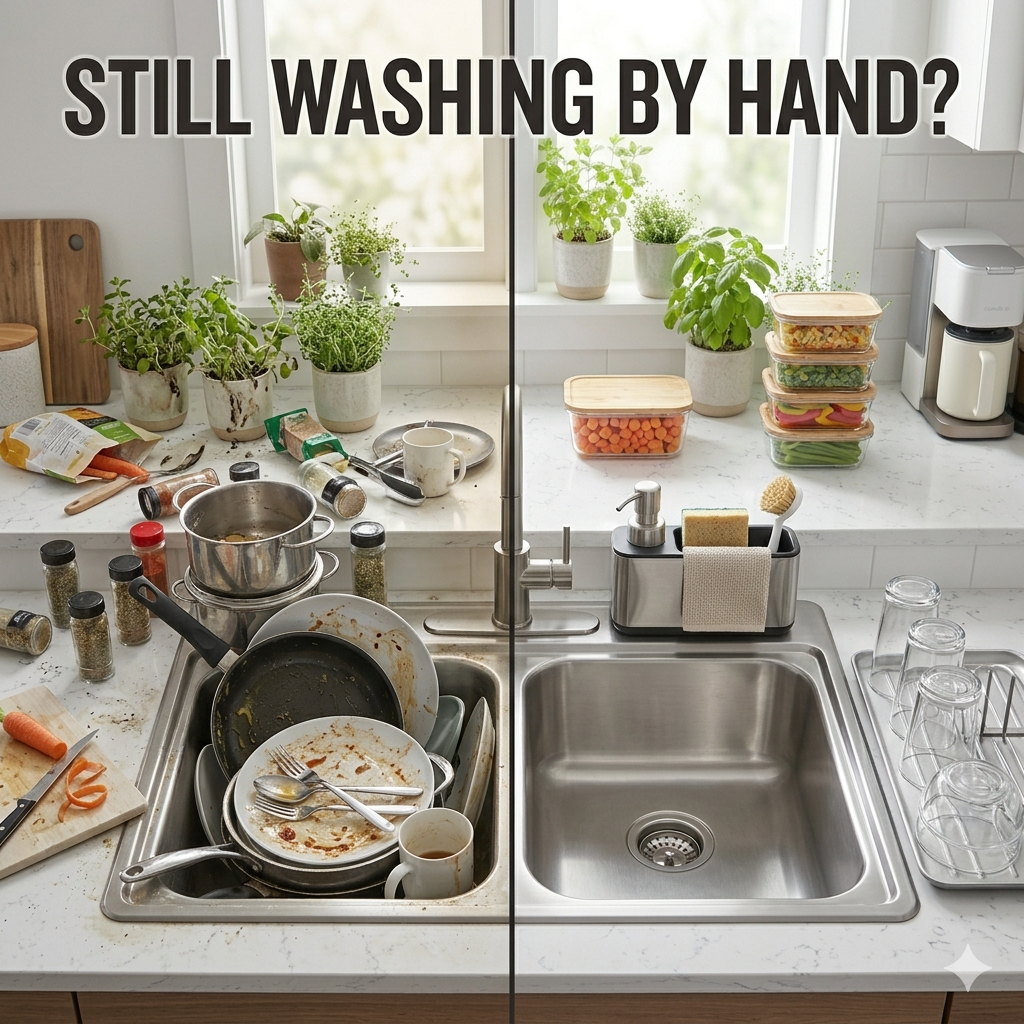 Before and after dishwashing scene showing a sink full of dirty dishes transformed into a clean and organized sink area using smart dishwashing tools and efficient cleaning setup