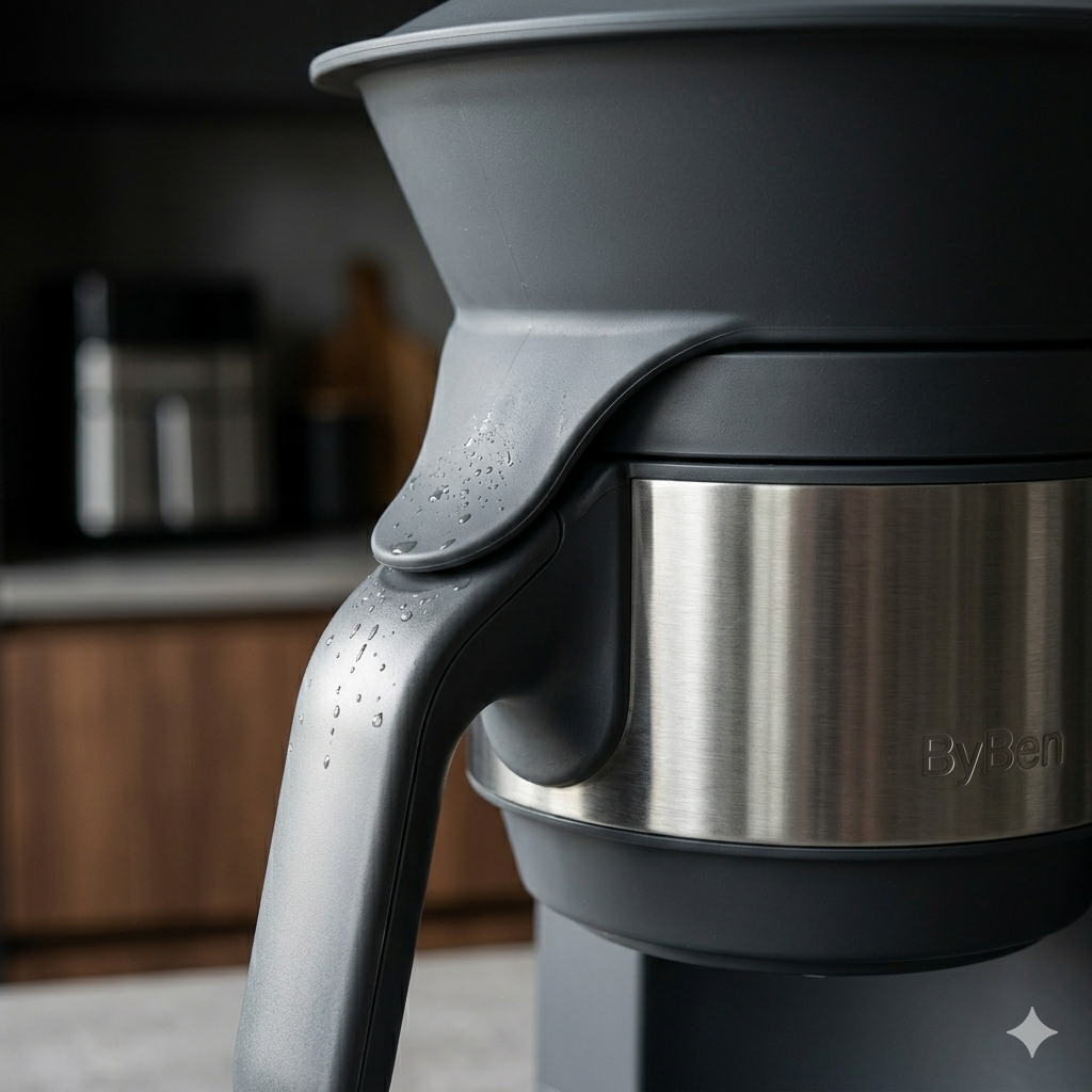 An extreme close-up focusing on the high-performance silicone and steel interface of a premium, multi-textured kitchen appliance by ByBen.