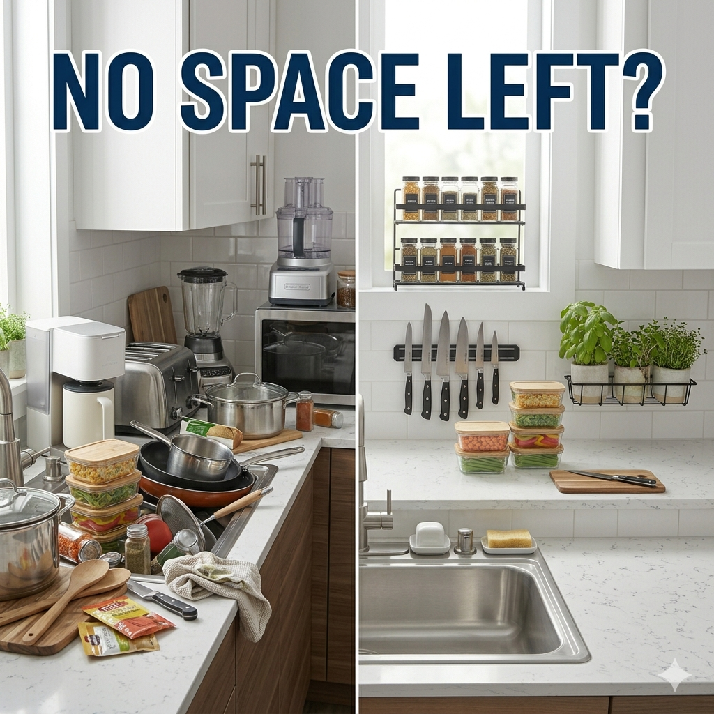 Before and after kitchen counter scene showing a cluttered and crowded countertop transformed into a clean and spacious surface using space-saving kitchen tools and wall storage solutions