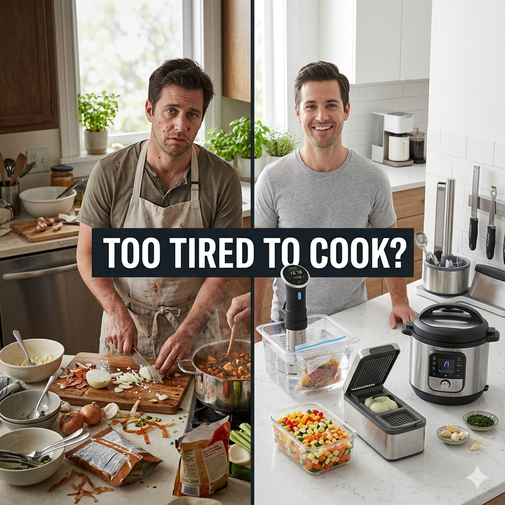 Before and after cooking scene showing a tired person struggling with manual cooking tasks transformed into an effortless cooking setup using one-touch kitchen gadgets and automatic tools