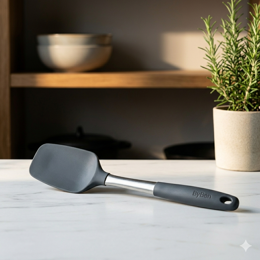 Close-up of a single minimalist ByBen charcoal grey spatula on a clean white marble counter, under soft natural light, professional kitchen tool.