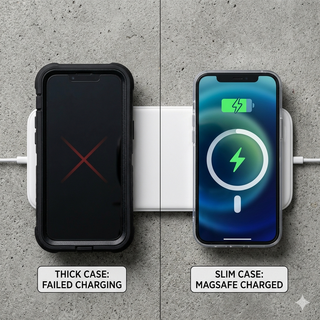 Split-screen comparison: thick case causing failed wireless charging vs. clear MagSafe case charging successfully on a pad.
