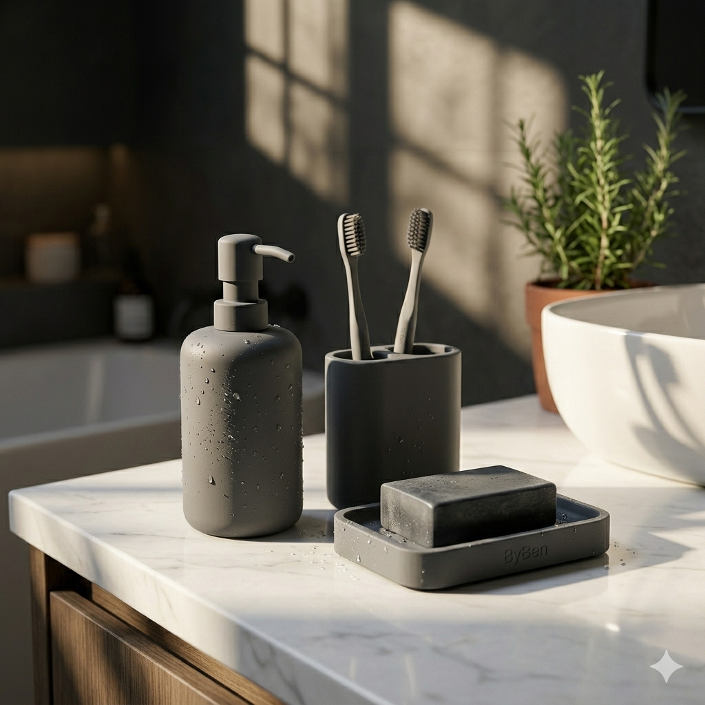 Close-up of a minimalist ByBen charcoal grey bathroom vanity set with a soap dispenser, toothbrush holder, and tray on a white marble counter, under soft natural light, representing a peaceful daily ritual sanctuary.
