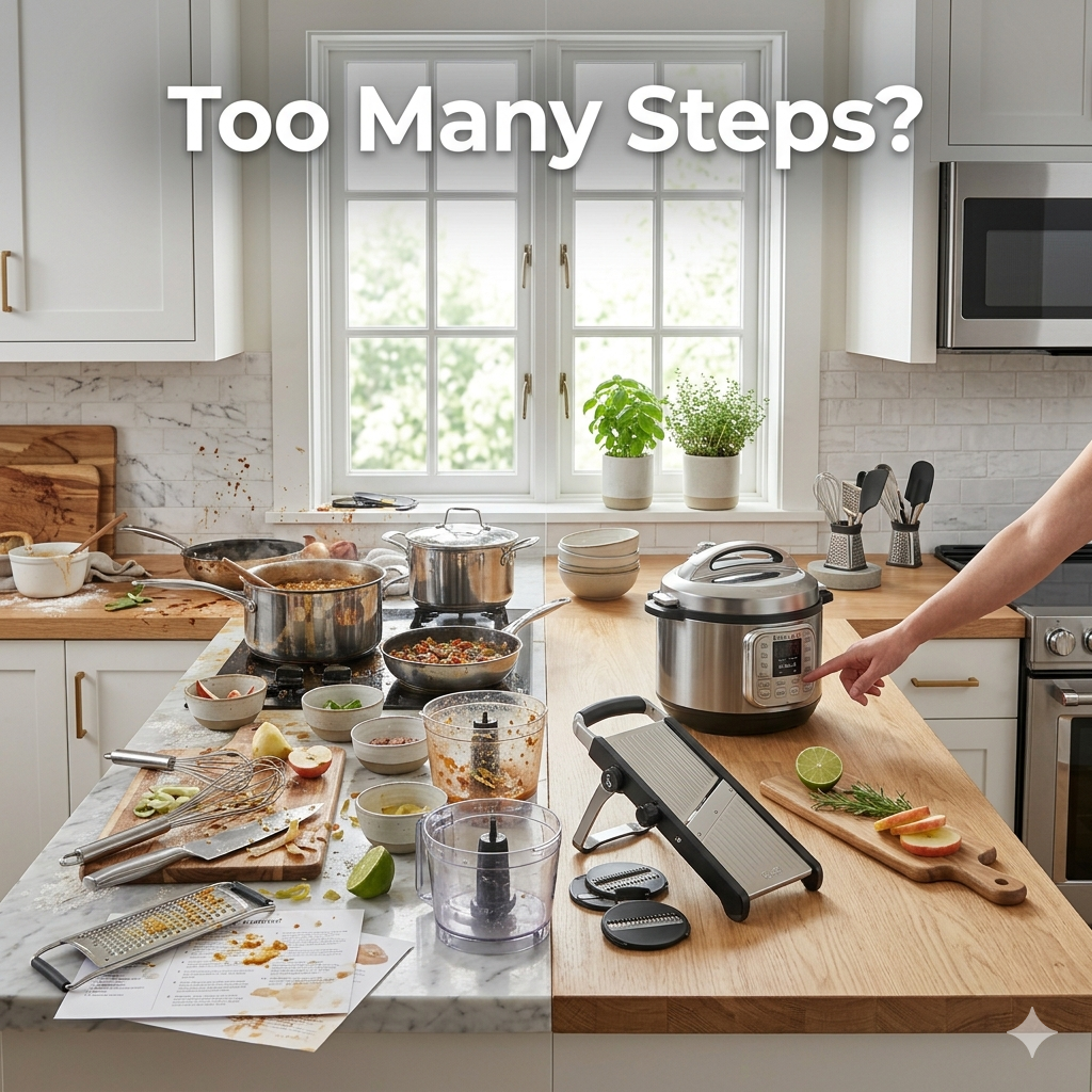 Before and after cooking scene showing multiple pots and messy cooking process transformed into a simple one-pot cooking setup with minimal tools and clean workspace