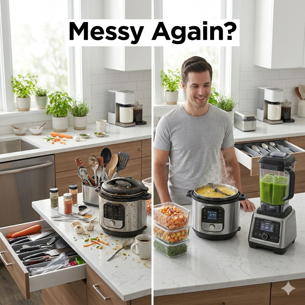 Before and after kitchen organization scene showing cluttered countertops and messy drawers transformed into a clean and organized kitchen using simple storage and organization tools