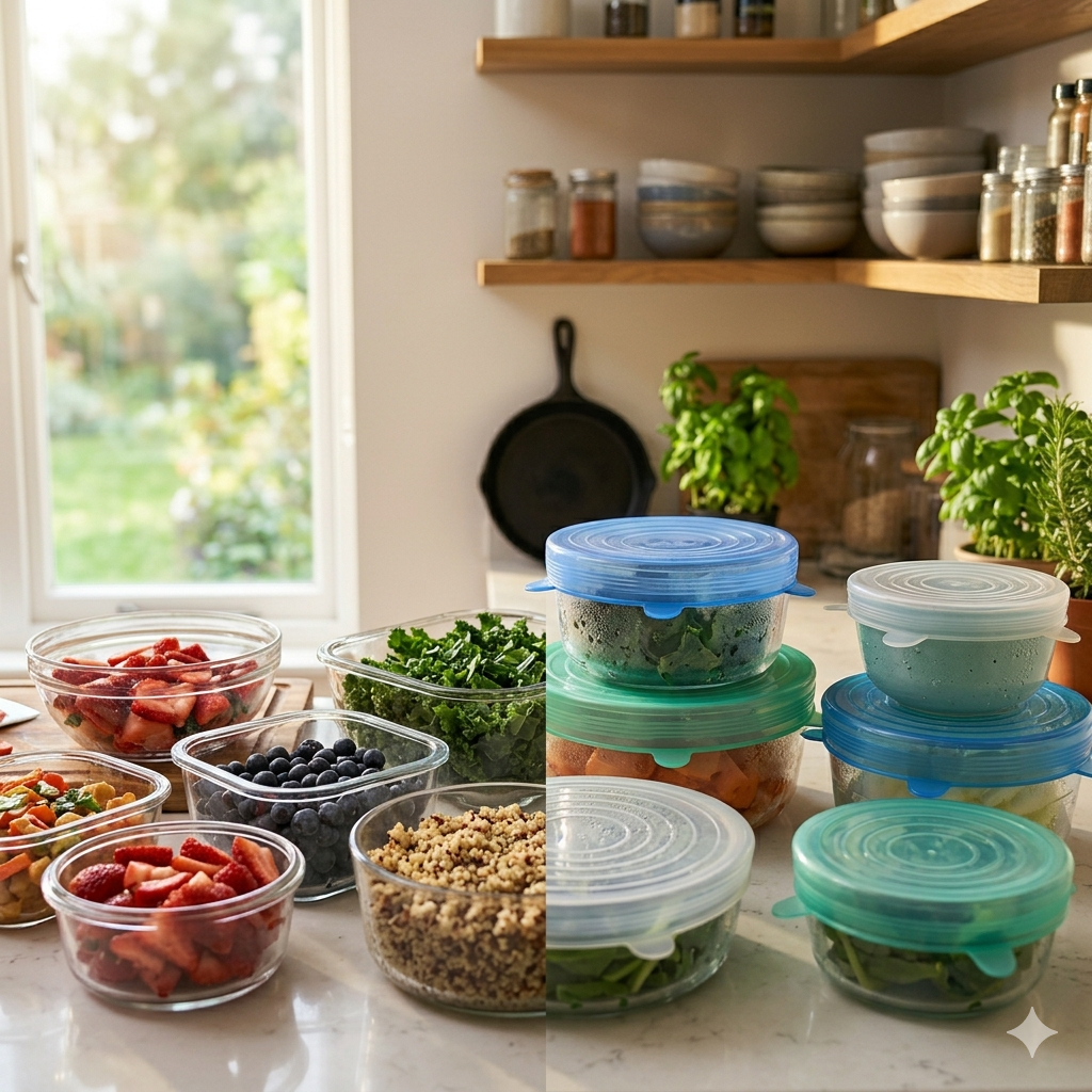 Before and after messy home cooking decision fatigue contrast, tightly sealed glass containers with colorful silicone stretch lids in a clean, organized modern kitchen, guaranteed fresh results.
