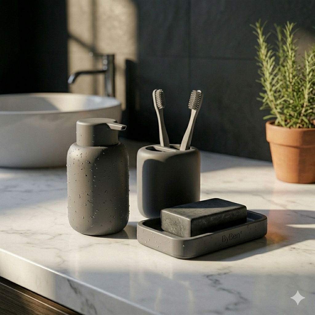 Close-up of a curated ByBen brand daily life bathroom vanity set in matte charcoal grey, featuring a soap dispenser, toothbrush holder, and tray on a pristine white marble countertop under soft natural afternoon sunlight.