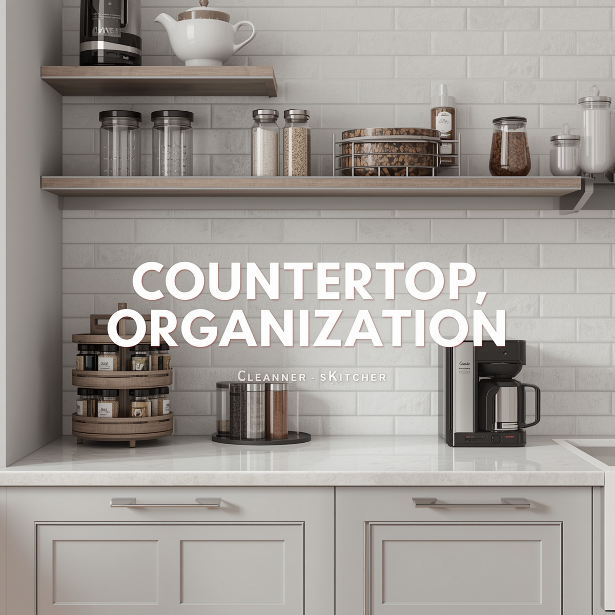 Modern kitchen countertop with organized storage shelves and practical kitchen organization accessories.