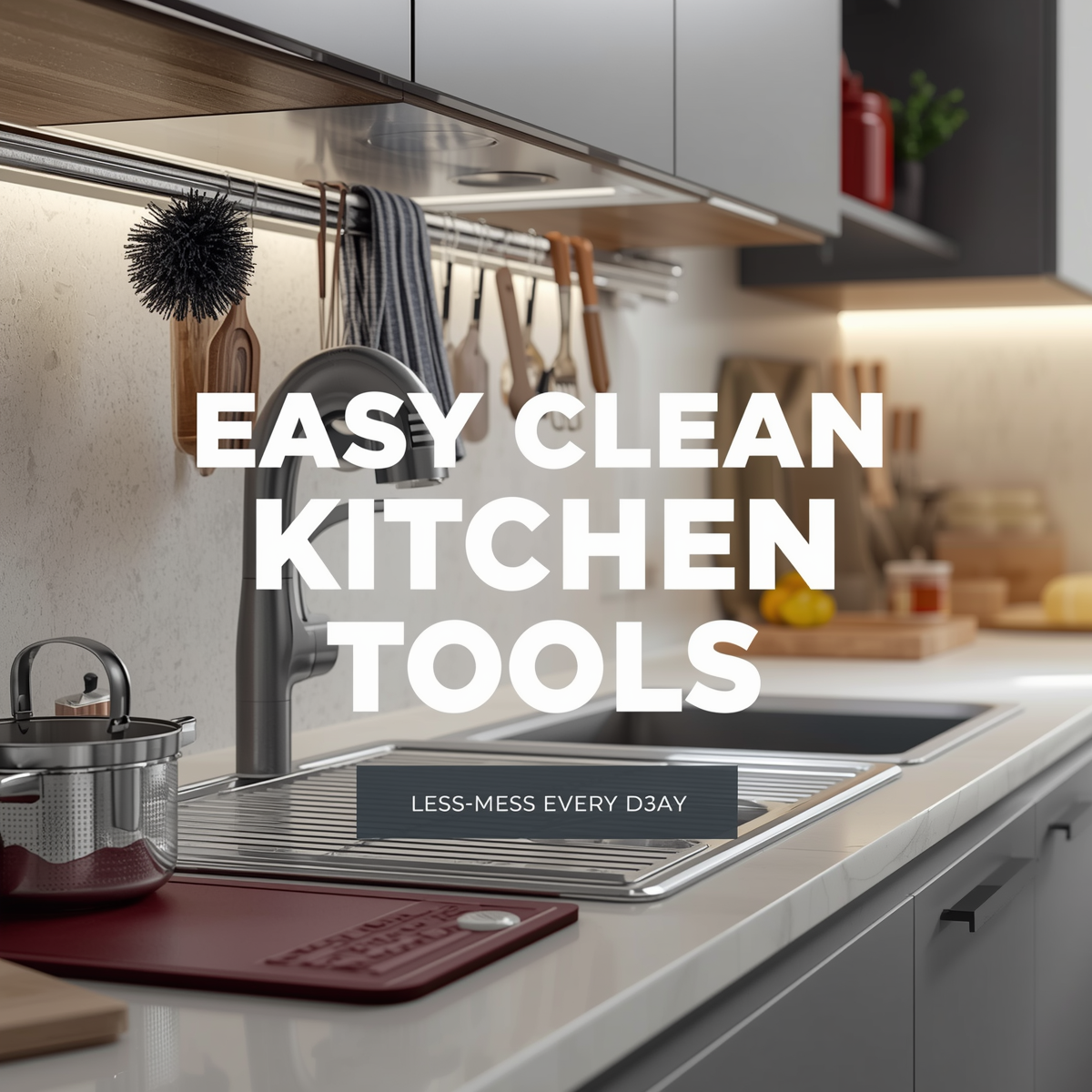 Modern kitchen setup with easy-clean kitchen accessories and organized cleanup tools for daily use.