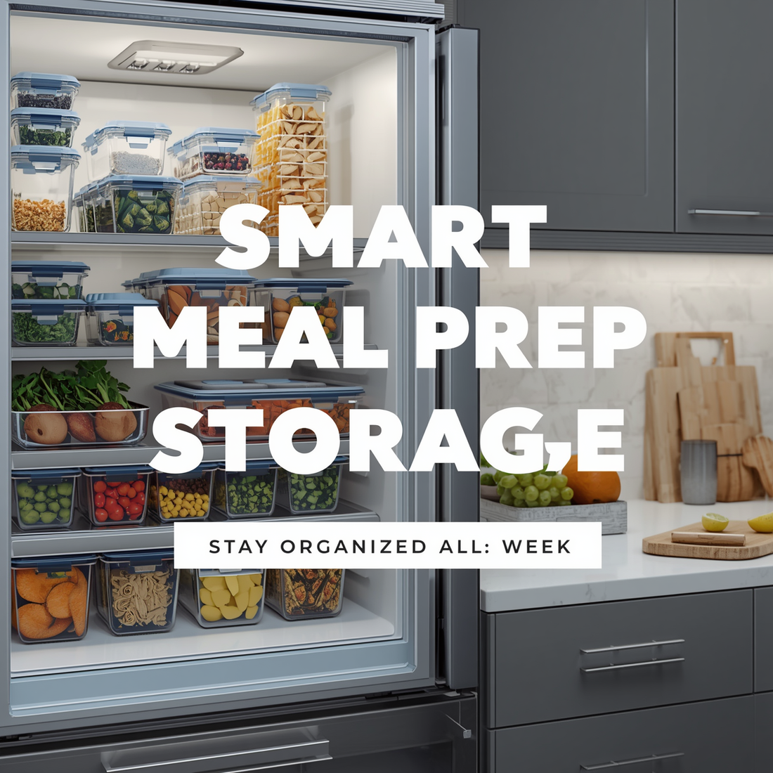 Modern kitchen meal prep setup with organized food storage containers and clean weekly meal planning system.