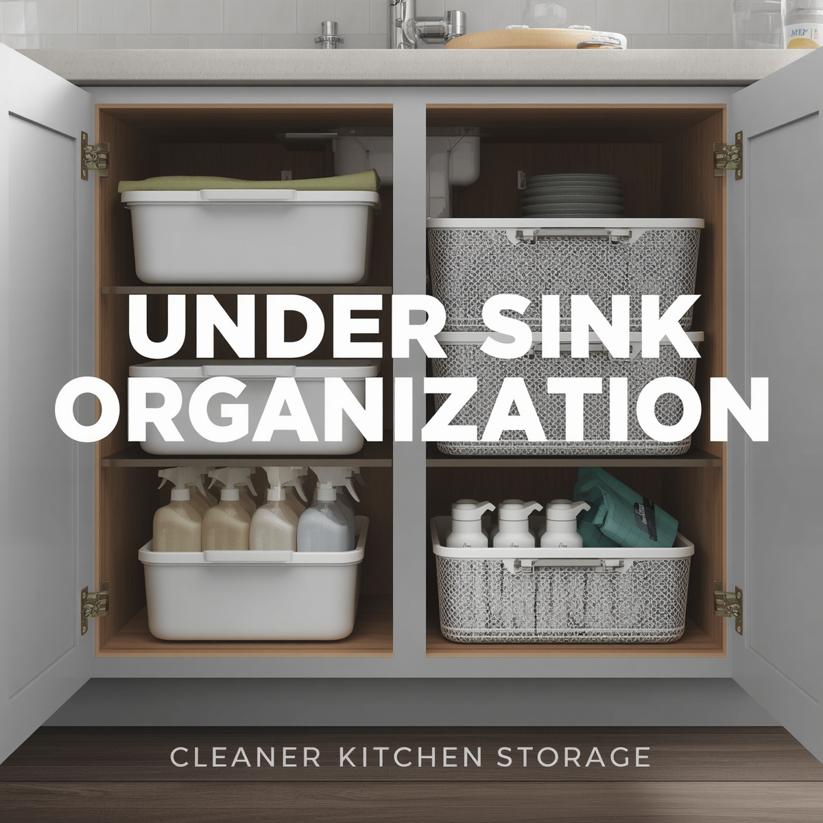 Modern under-sink kitchen cabinet with organized cleaning supplies and practical storage solutions.