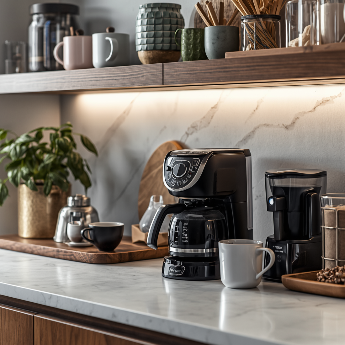 Modern organized coffee station with mugs, coffee accessories, and clean countertop setup.