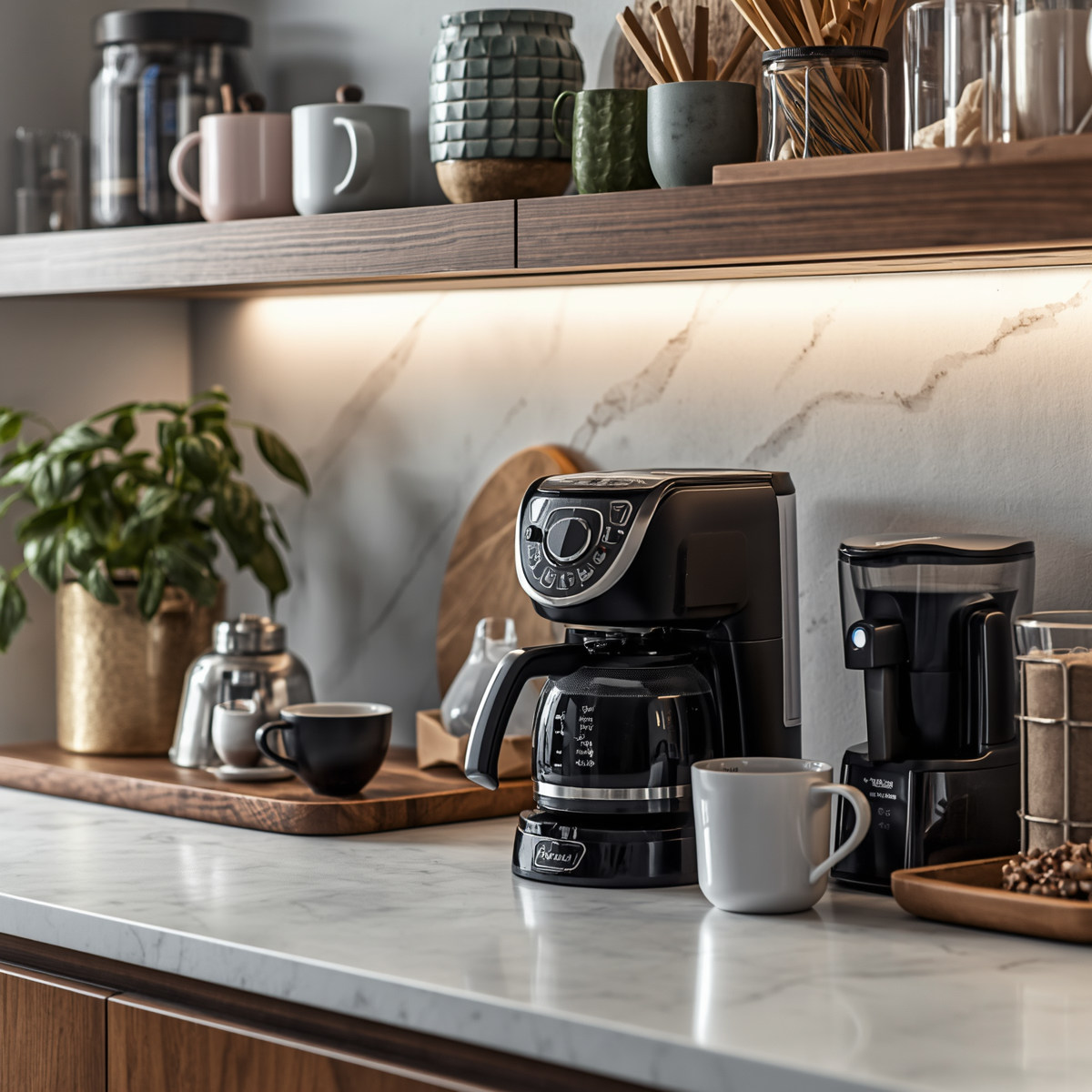 Modern organized coffee station with mugs, coffee accessories, and clean countertop setup.