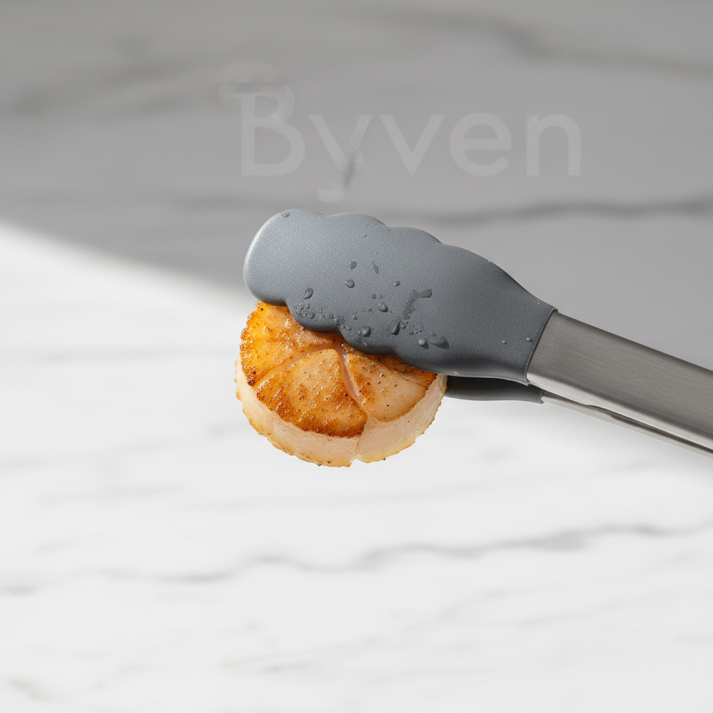 Close-up of premium silicone tongs gripping a perfectly seared scallop on a white marble counter, professional kitchen tools by ByBen.