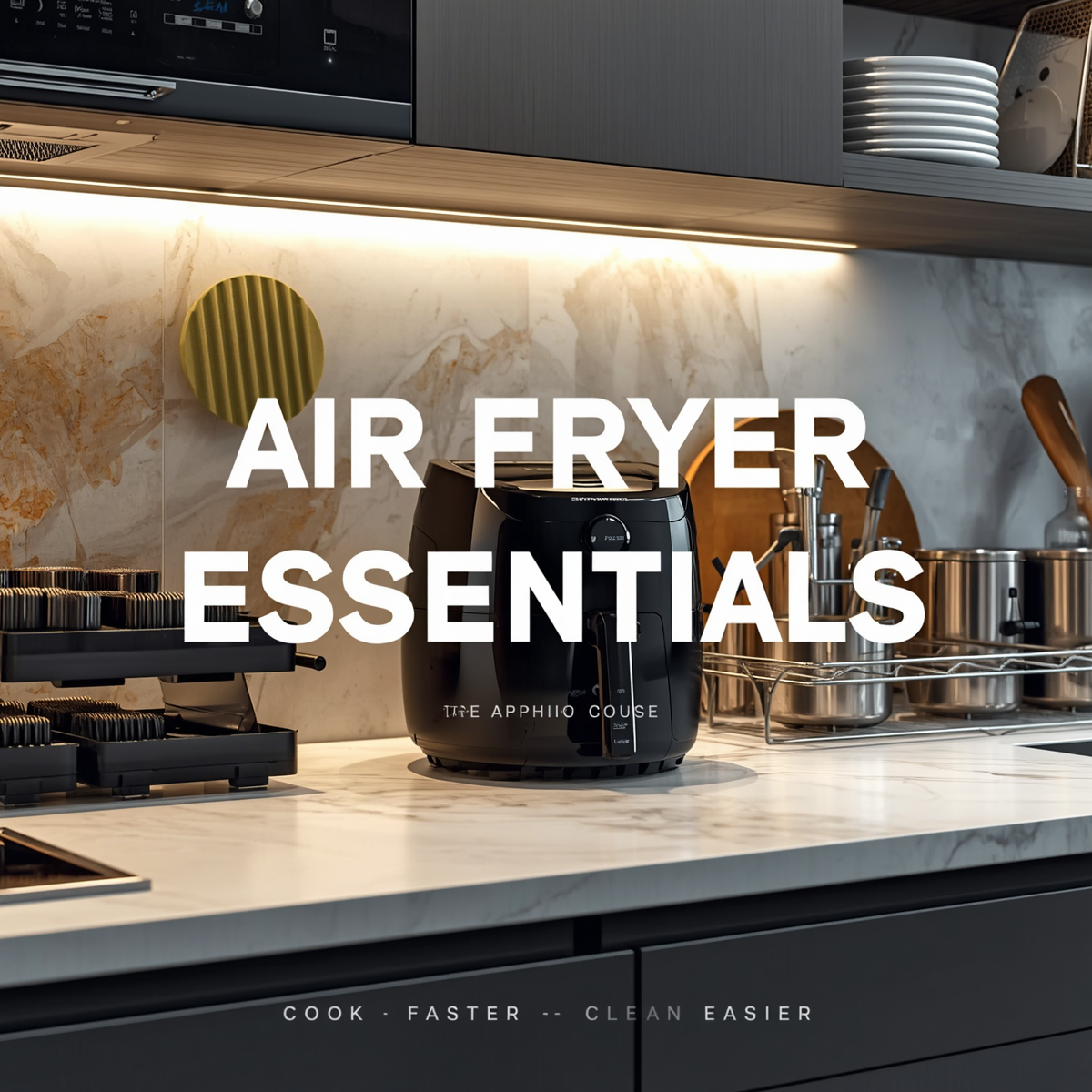 Modern air fryer setup with organized cooking accessories and practical kitchen tools.