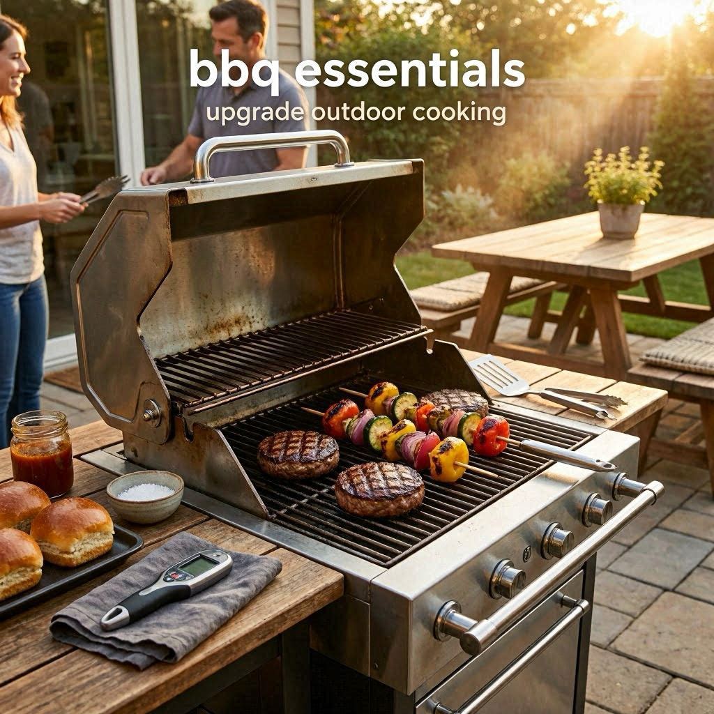 Outdoor BBQ grilling setup with modern cooking accessories and organized backyard dining atmosphere.