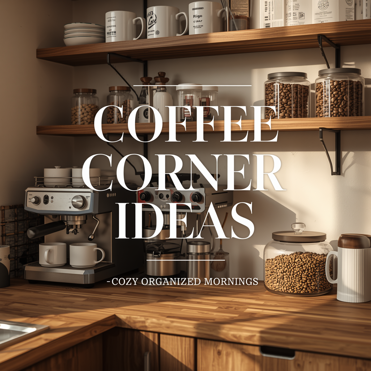 Modern kitchen coffee corner with organized mugs and cozy countertop styling.