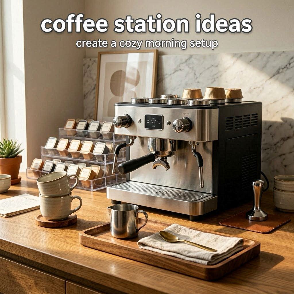 Modern coffee station setup with organized countertop accessories and cozy morning kitchen atmosphere.