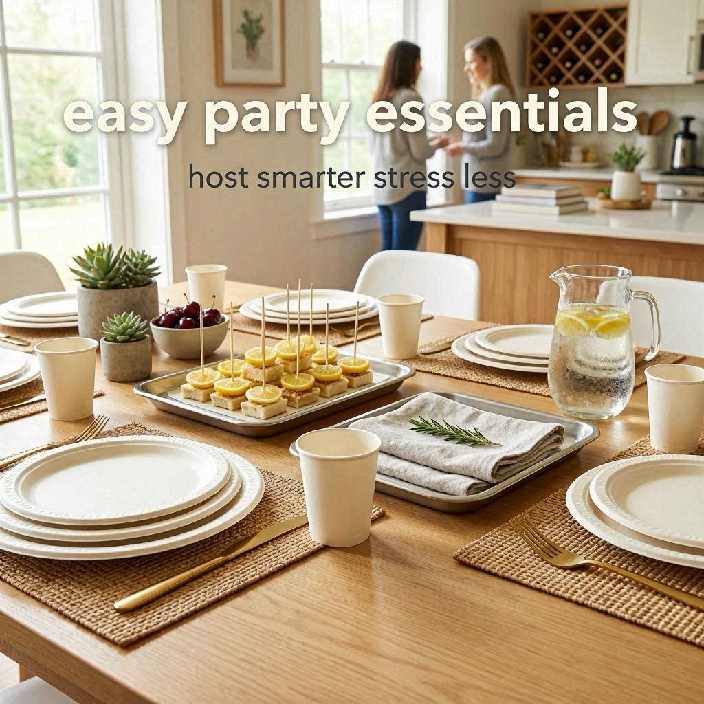 Modern party table setup with disposable dining accessories and organized entertaining supplies.