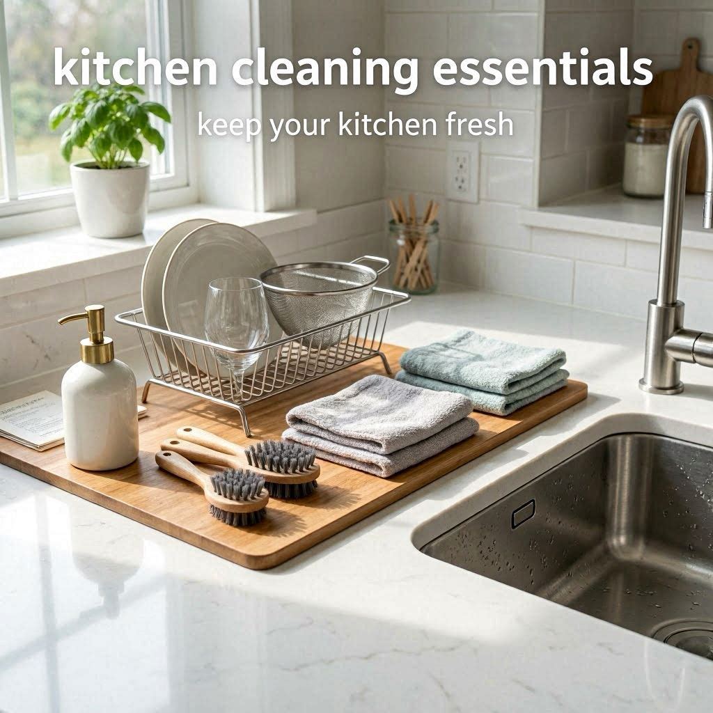 Modern kitchen cleaning setup with organized sink accessories and practical countertop tools.