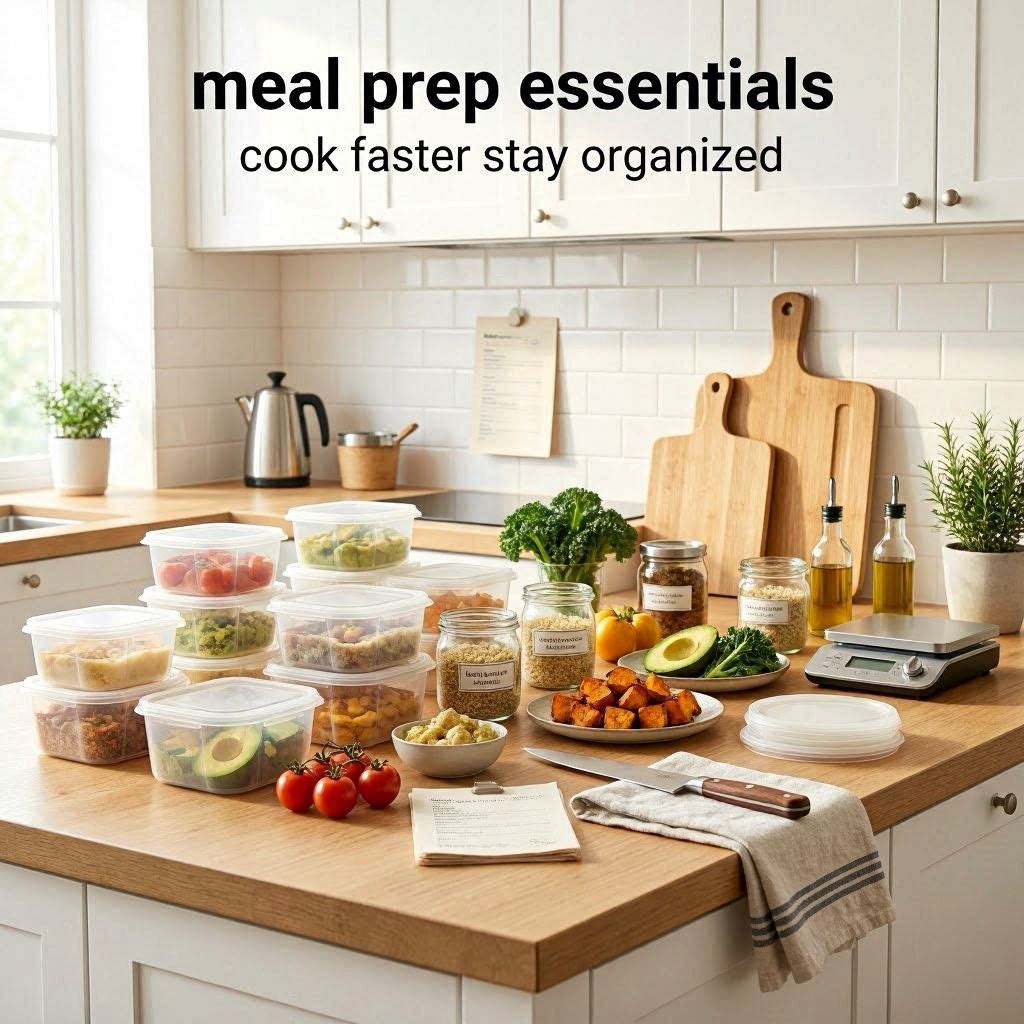 Modern kitchen meal prep setup with organized food containers and fresh ingredients.