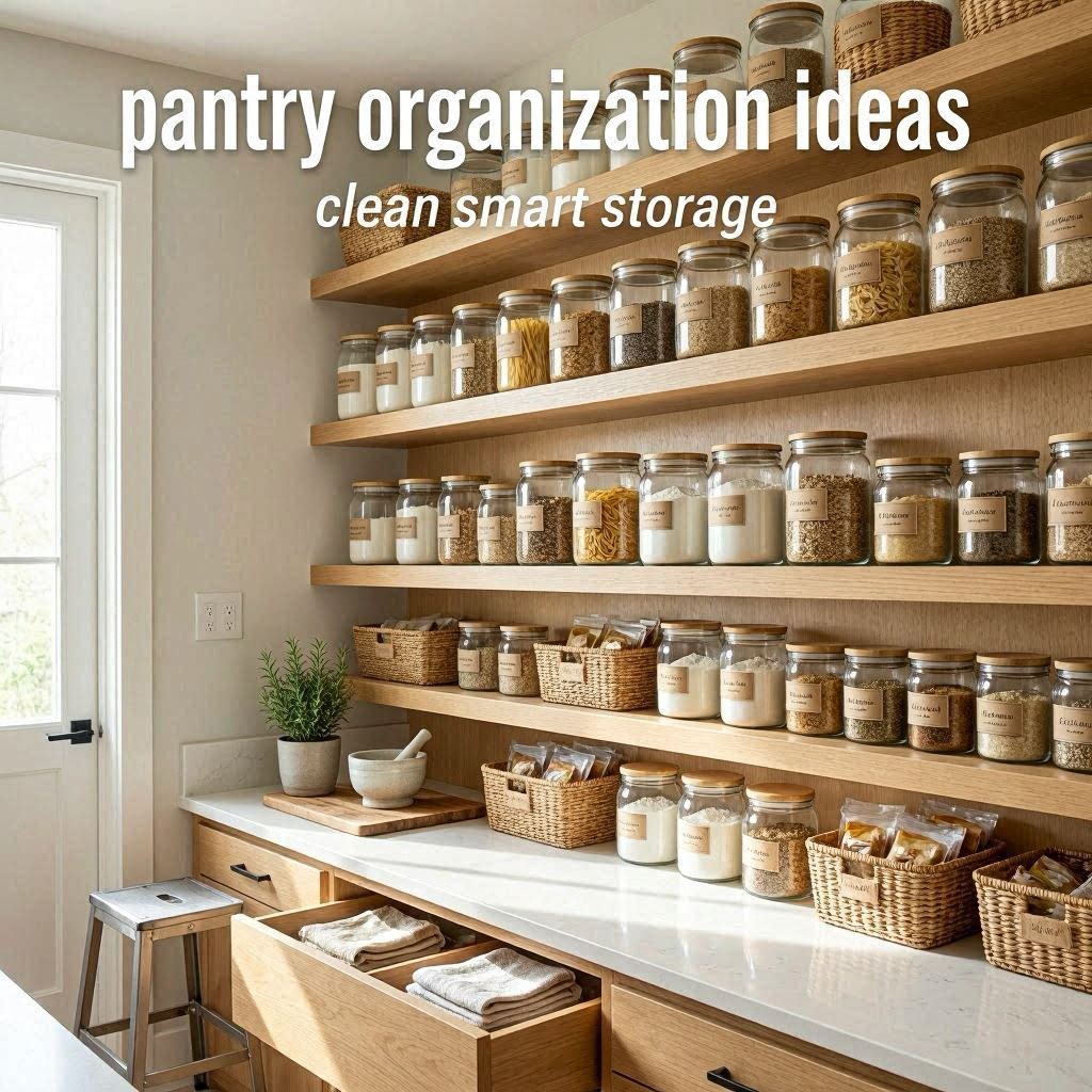 Modern pantry organization setup with labeled storage containers and clean kitchen shelves.