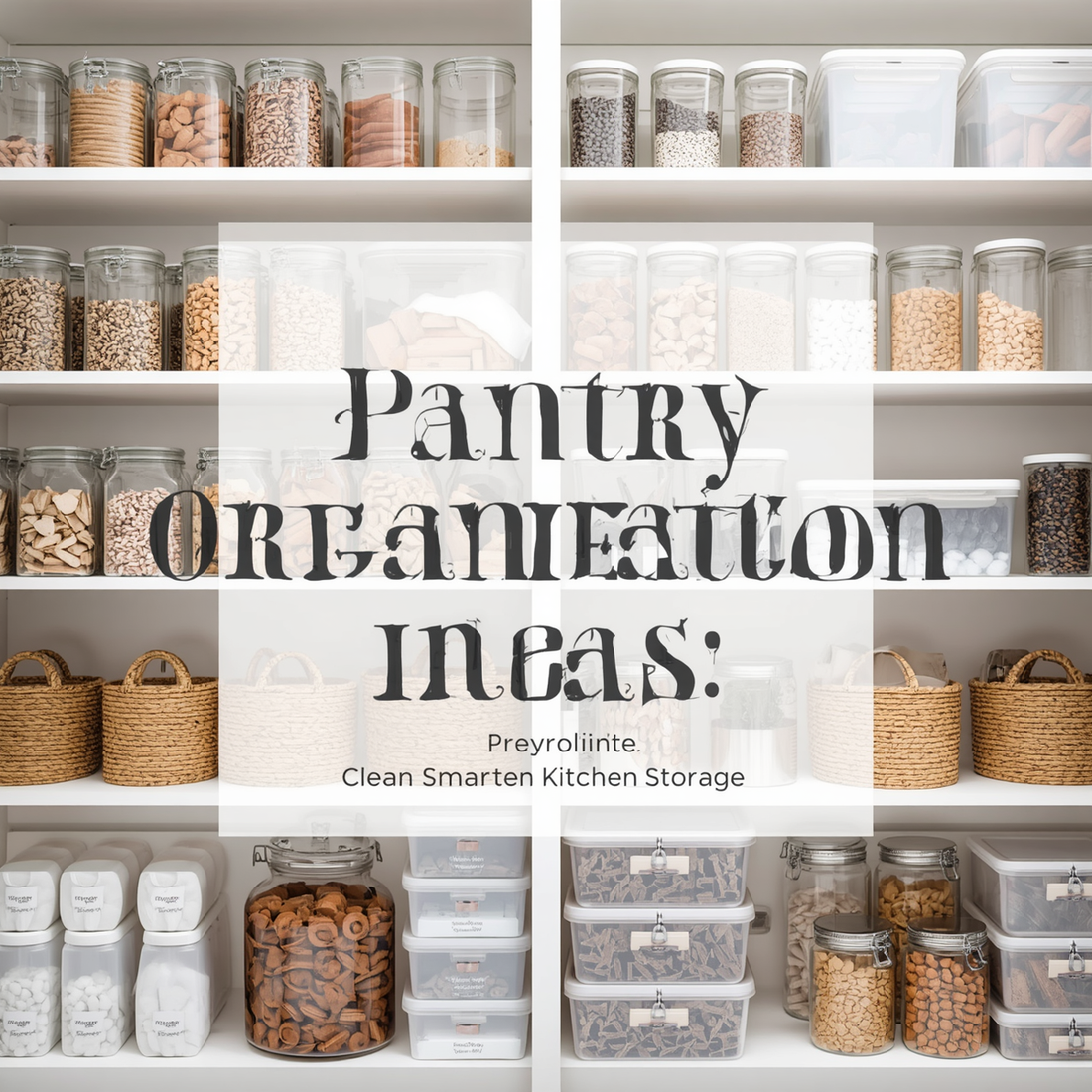 Modern organized pantry shelves with clear food containers and kitchen storage accessories.