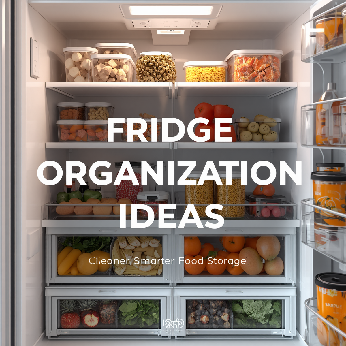 Modern organized refrigerator with clear food storage bins and meal prep containers.