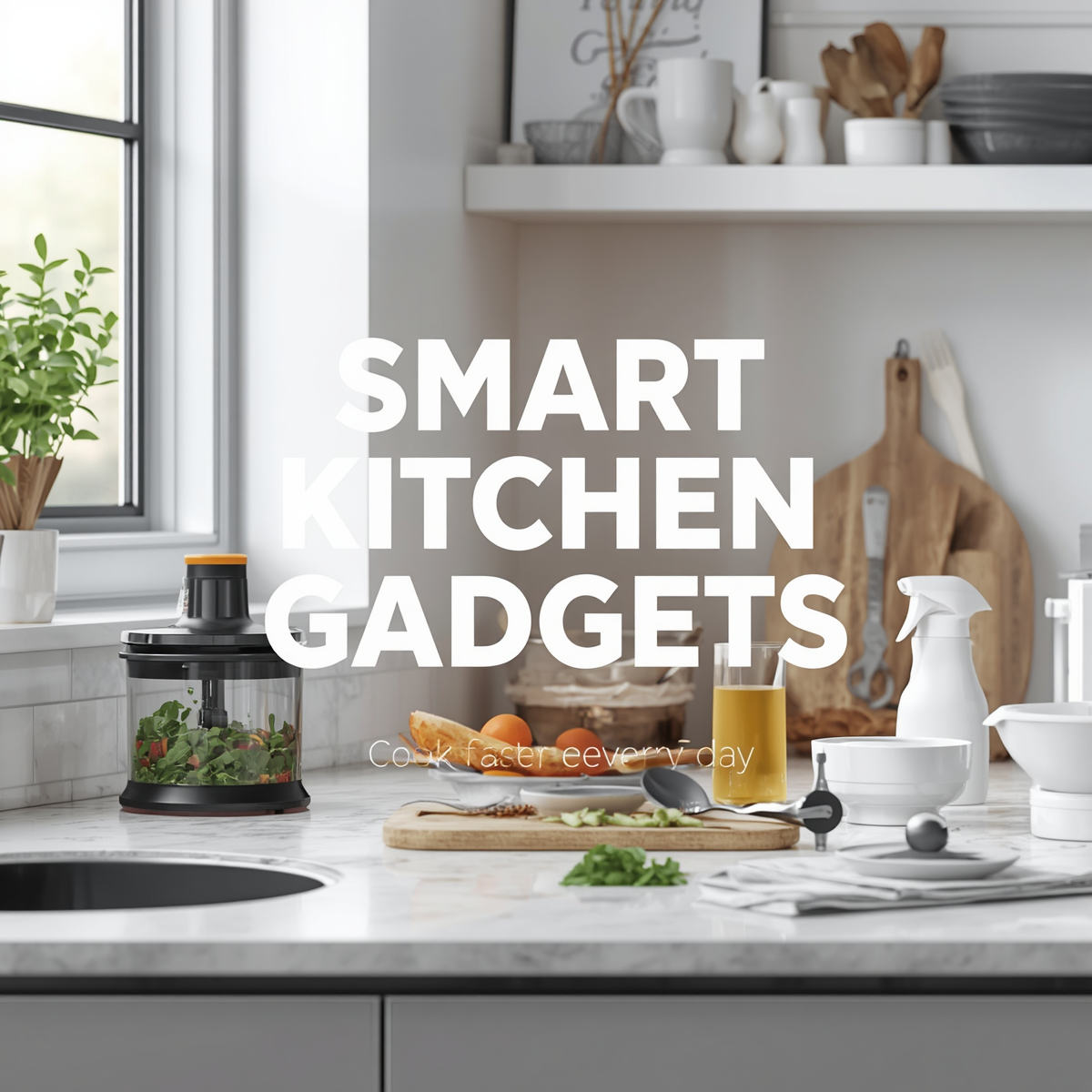 Modern kitchen countertop with organized smart cooking gadgets and practical meal prep tools.
