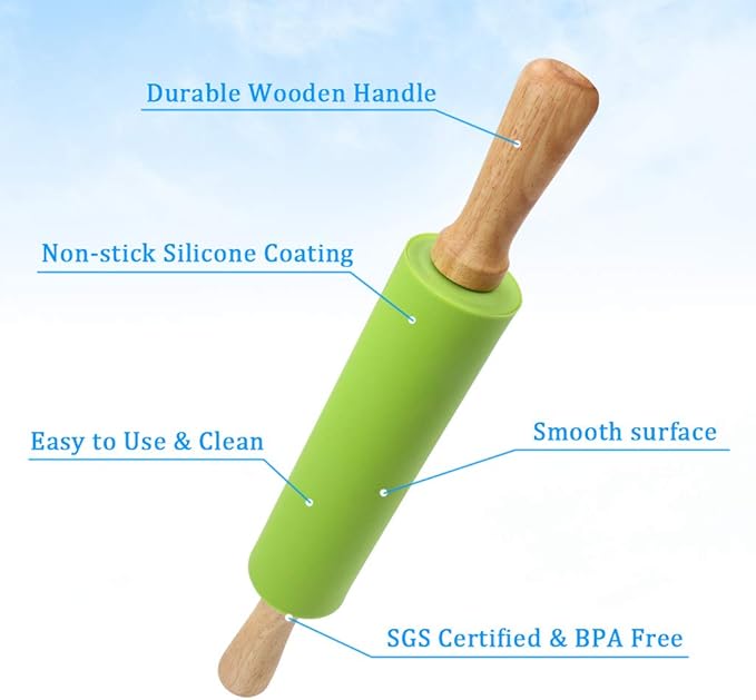 Ewinever 1Set Rolling Pin Pastry Mat Set Non-Stick 6 in 1 Dough Roller Baking Kit with Pastry Cutter Reusable Kneading Mat Scraper Basting Brush