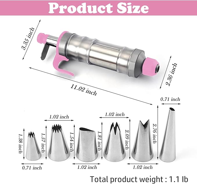 FANTEXY Dessert Decorating Syringe Set, Stainless Steels Cake Decorating Tools 6 Piping Icing Nozzles Cupcake Decorating Kit Icing Piping Kit