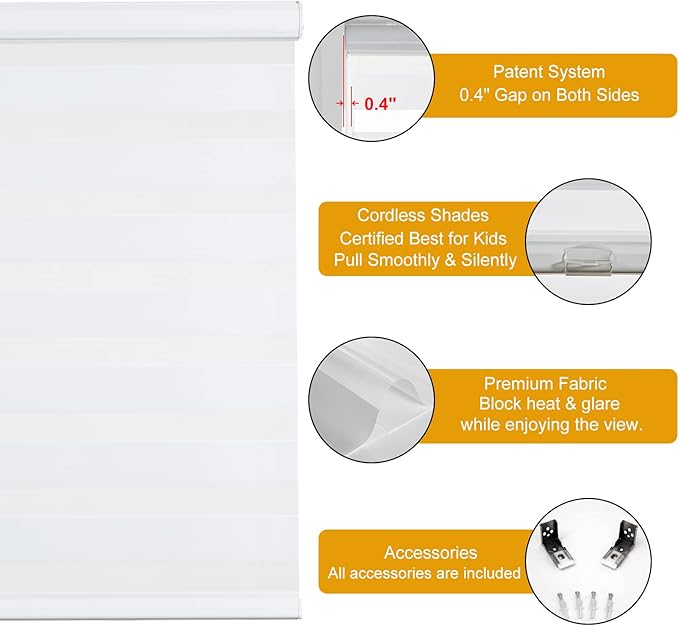 Persilux Cordless Zebra Blinds for Windows (47" W X 64" H, White) Free-Stop Dual Layer Roller Windows Shades for Day and Night, Light Filtering Sheer Shades for Home, Bedroom, Easy to Install