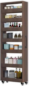 7-Tier Slim Storage Cart, Wooden Rolling Pantry Cabinet with Wheels, Narrow Shelf Organizer for Kitchen, Bakers Rack, Dining Room, Closet, Small Spaces Teak 73.2‘’H*5.9''W*19.6''D