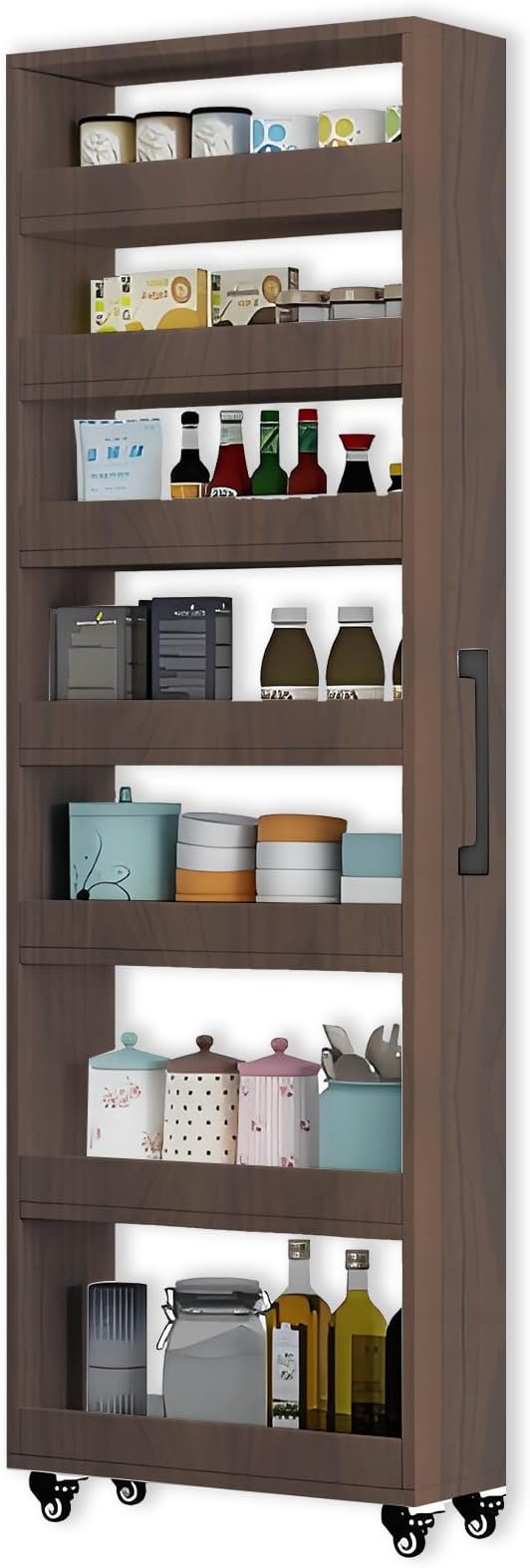 7-Tier Slim Storage Cart, Wooden Rolling Pantry Cabinet with Wheels, Narrow Shelf Organizer for Kitchen, Bakers Rack, Dining Room, Closet, Small Spaces Gray 47.2" H*7.8" W*16.9" D