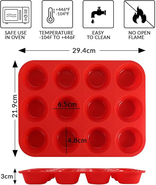 12 Cups Silicone Muffin Pan, Nonstick Cupcake Pan, Heat Resistant Silicone Muffin Tin, Reusable Cupcake Moulds Baking Pan for Cakes, Bread (Red-2 Packs)