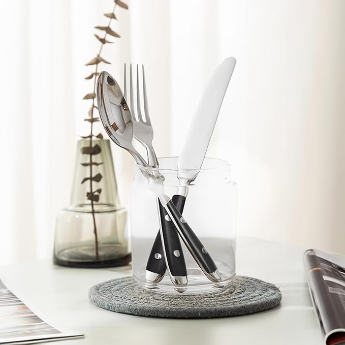 Silverware Set For 8 with Two Rivets, Vintage 40-Piece Everyday Flatware Set with Black Bakelite Handle, Stainless Steel Cutlery Set, Dishwasher Safe, Knives Spoons and Forks Set