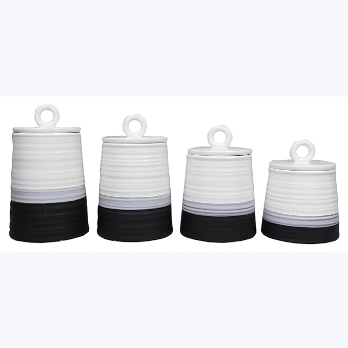 Young's Inc. 4 Pcs Set Rustic Modern Ceramic Canisters- Storage Container for Kitchen and Bathroom - Beautiful Home Decor Accent to Store Food, Coffee, Tea, and More - Black, White